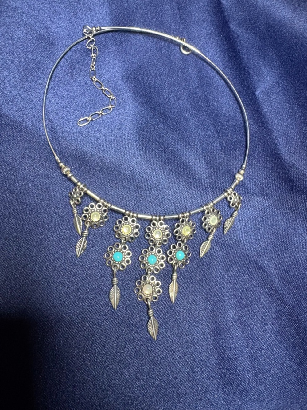 Necklace Artisan 925 Sterling Silver Floral Feather Turquoise Gemstone Choker - Picture 10 of 10